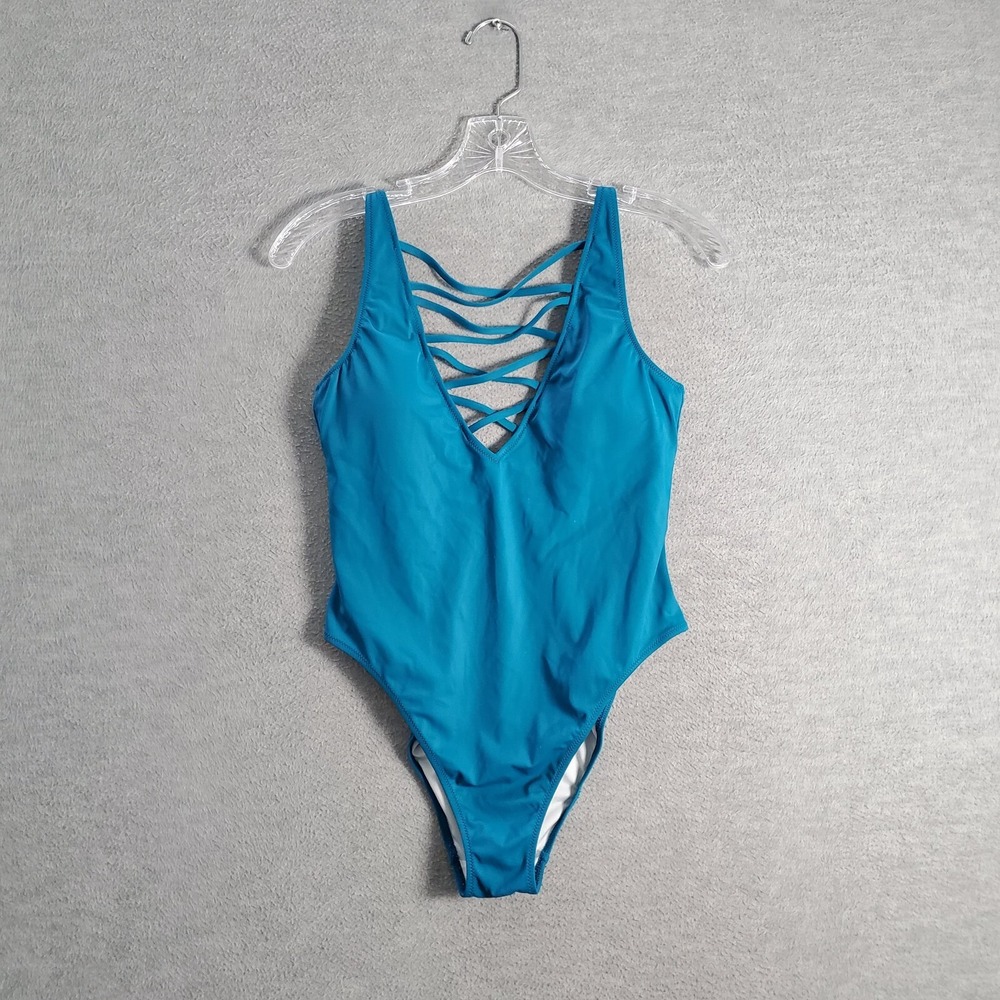PINK Victoria's Secret Women Swimwear Medium Blue One Piece‎ Strappy V Neck